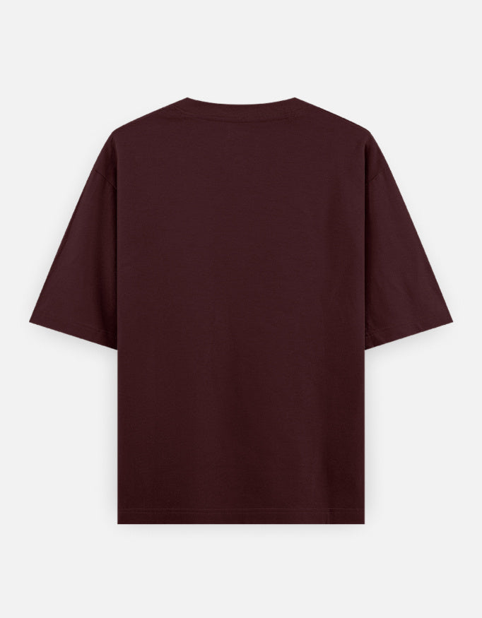 Maroon oversized t-shirt with samurai warrior and red sun graphic print – The Smoky Skull front design back view