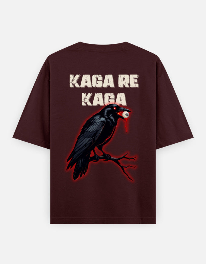 Maroon oversized tee with crow holding eyeball graphic and bold Kaga Re Kaga text – The Smoky Skull back design