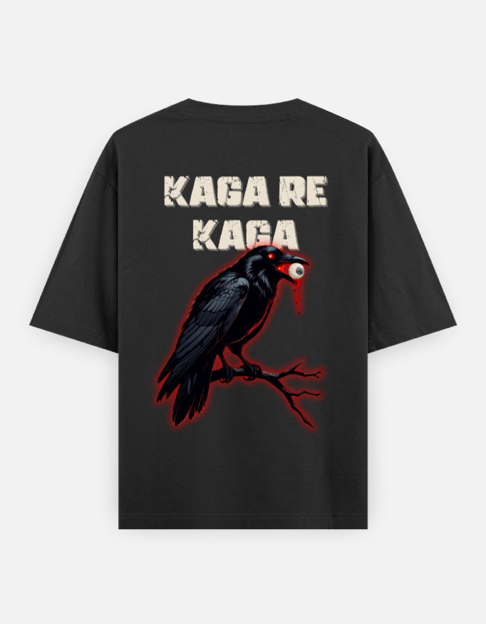 Black oversized t-shirt with crow holding eyeball graphic and bold Kaga Re Kaga text – The Smoky Skull back design