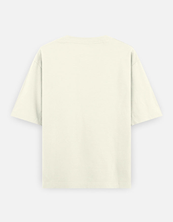 Off White oversized t-shirt with samurai warrior and red sun graphic print – The Smoky Skull front design back view