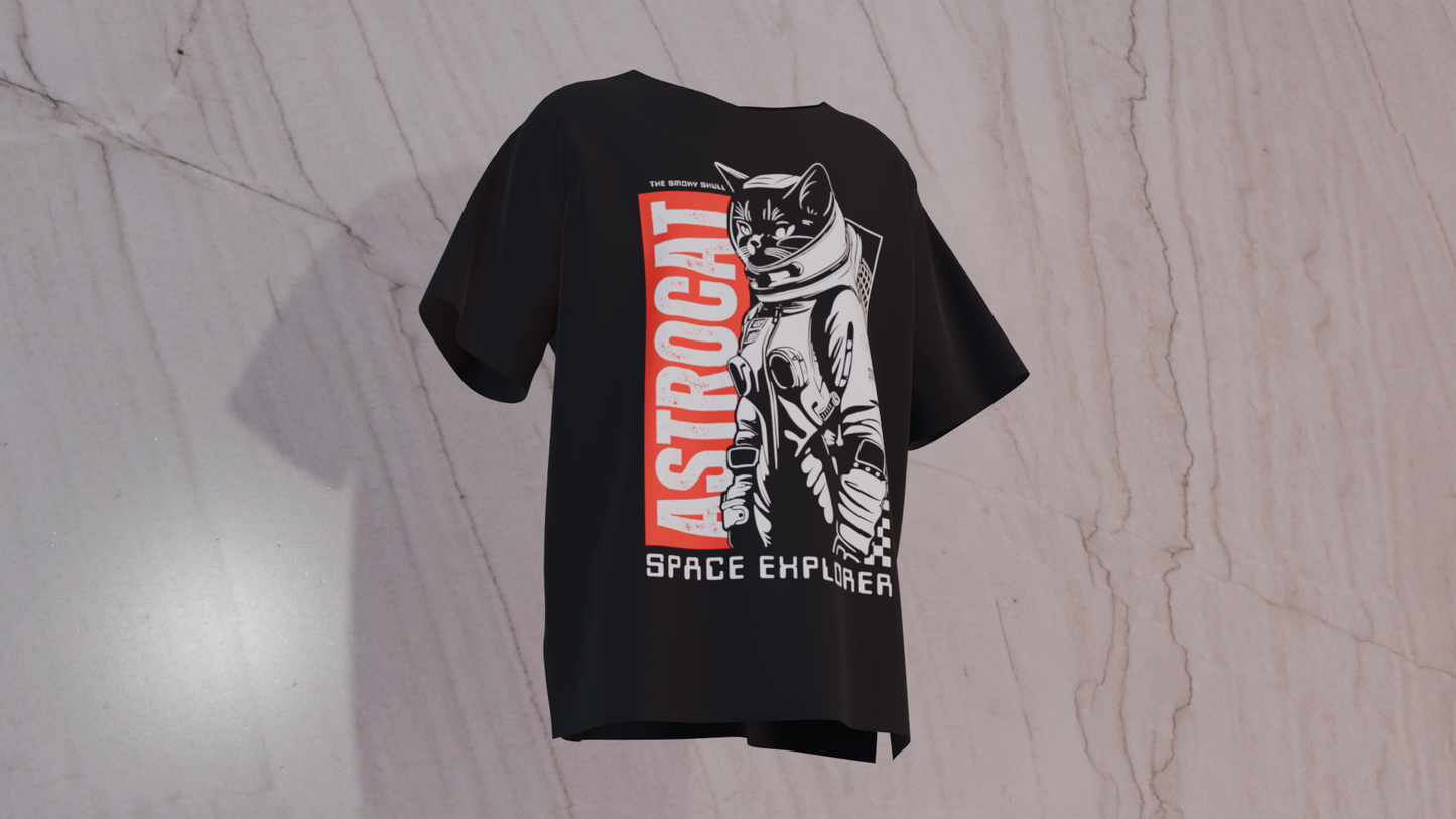 Black oversized t-shirt with text 'Astrocat space explorer' graphic print – The Smoky Skull front design