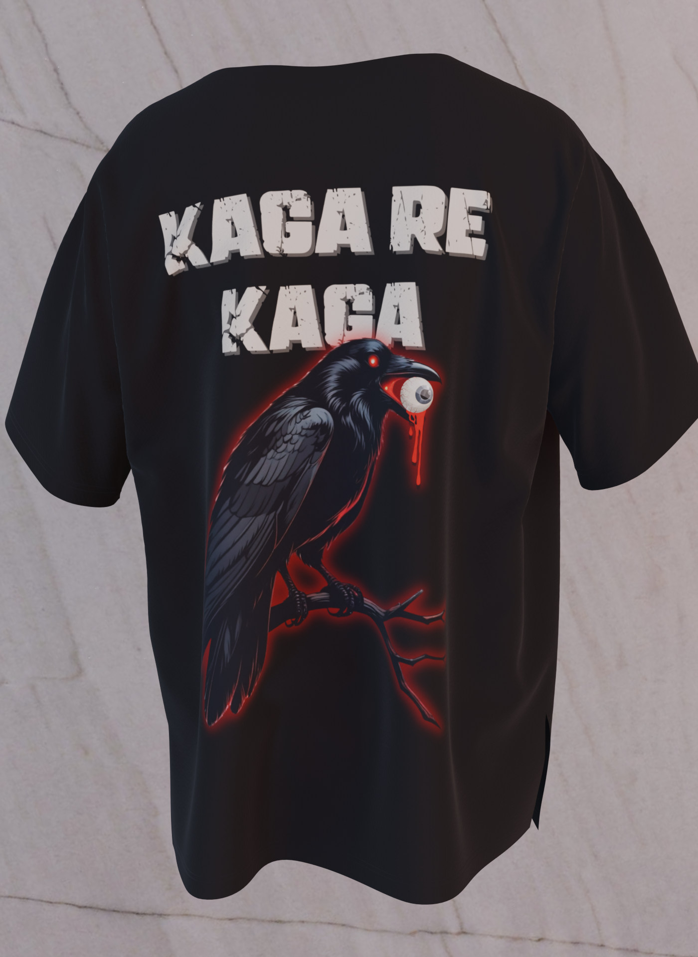Black oversized t-shirt with crow graphic and bold Kaga Re Kaga text – The Smoky Skull back design