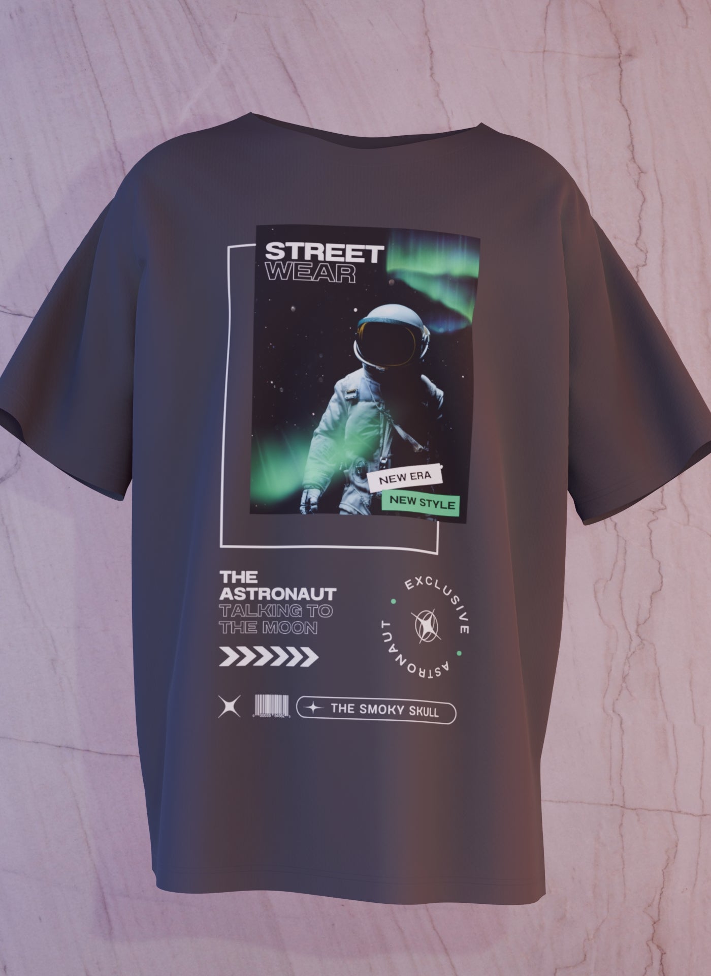 Black oversized t-shirt with astronaut streetwear graphic and text print – The Smoky Skull front design