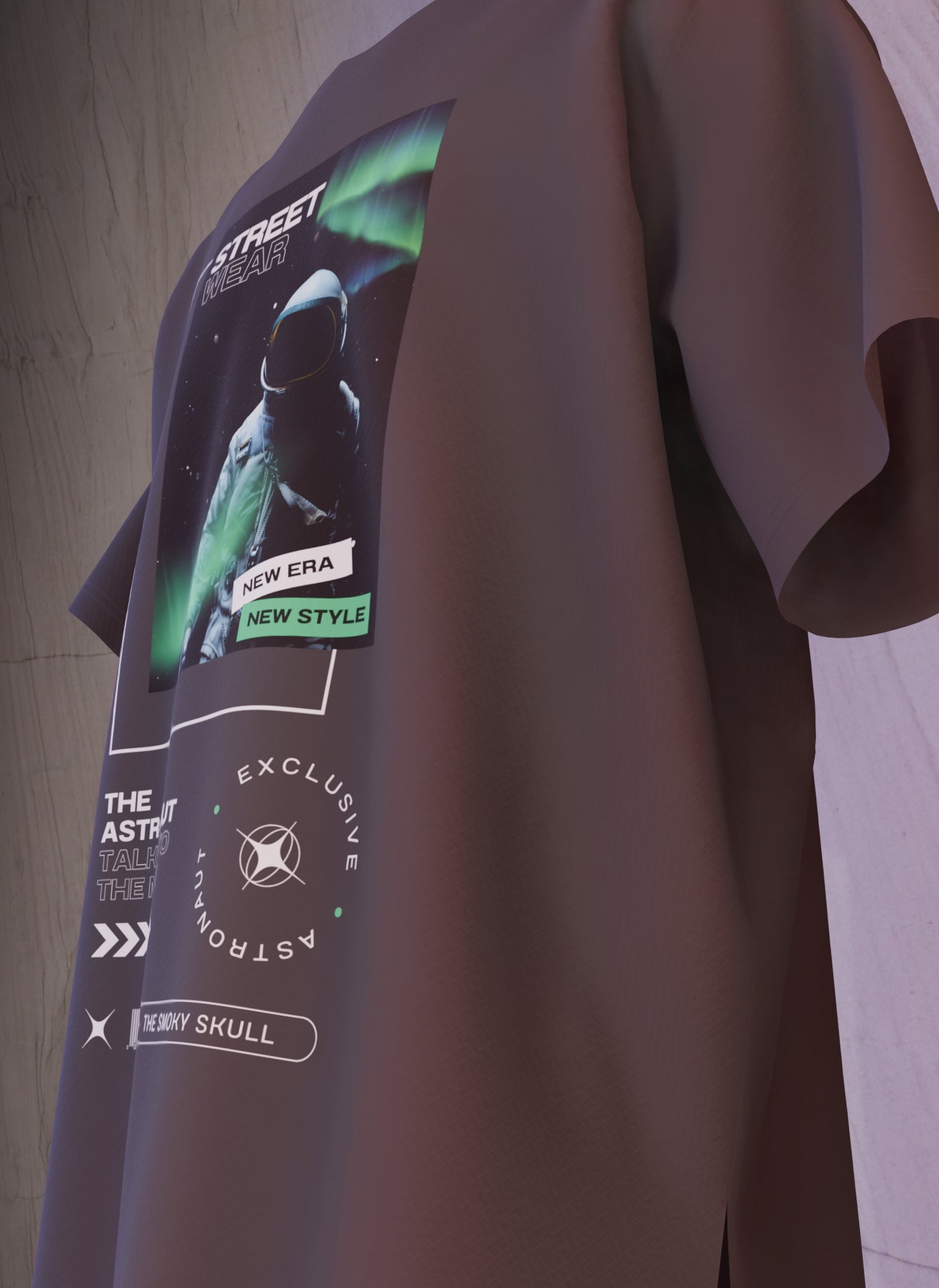 Black oversized t-shirt with astronaut streetwear graphic and text print – The Smoky Skull side view