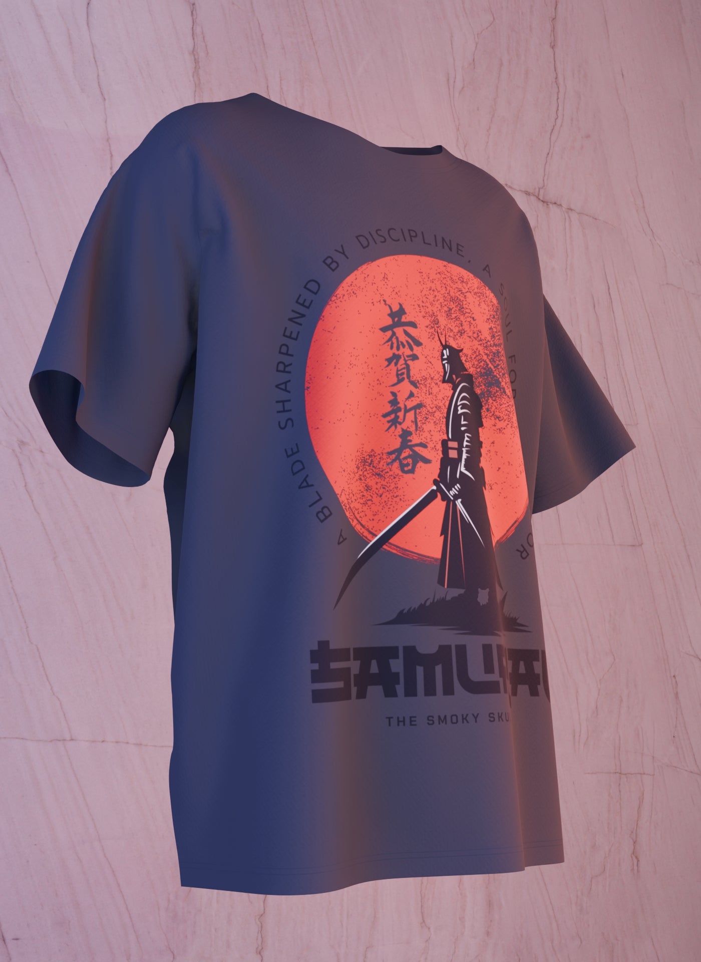 Black oversized t-shirt with samurai warrior and red sun graphic print – The Smoky Skull front design side view