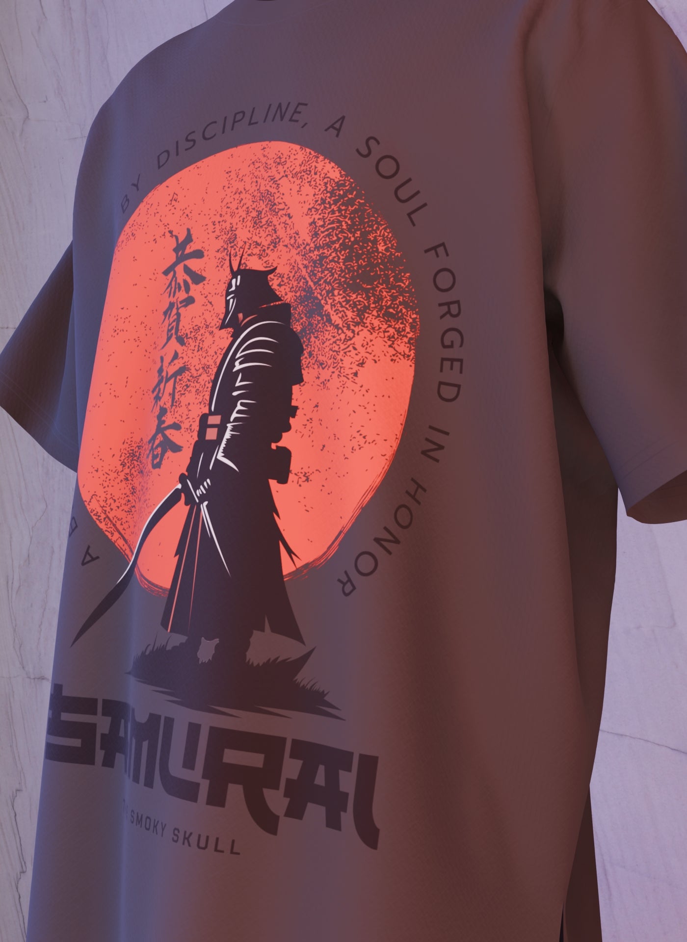 Black oversized tshirt with samurai warrior and red sun graphic print – The Smoky Skull front design side view