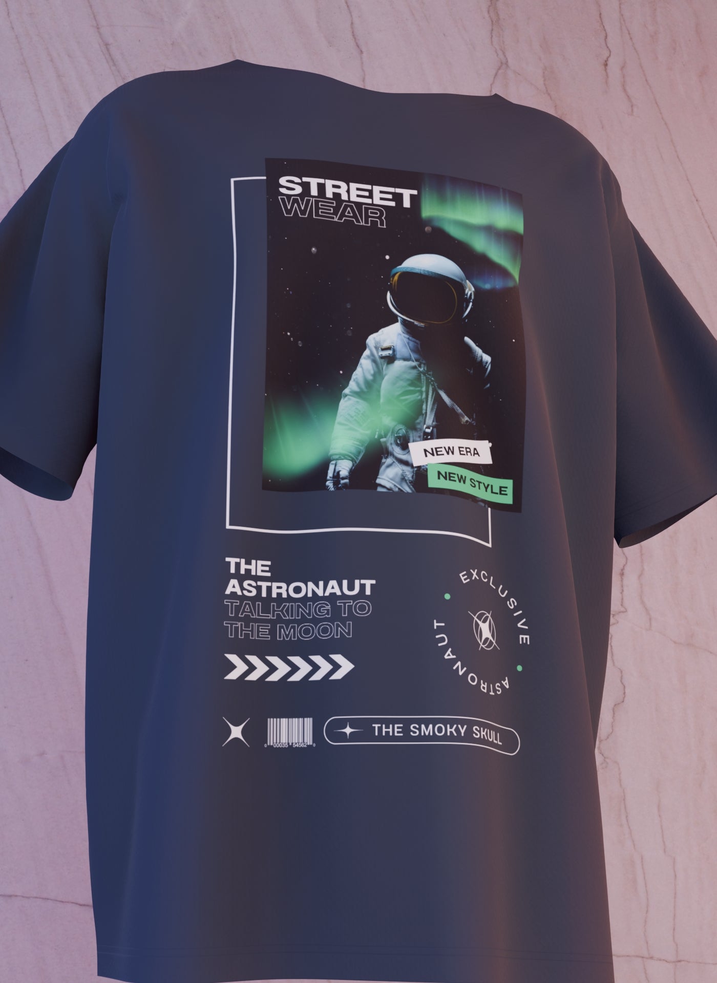 Navy Blue oversized t-shirt with astronaut streetwear graphic and text print – The Smoky Skull front design
