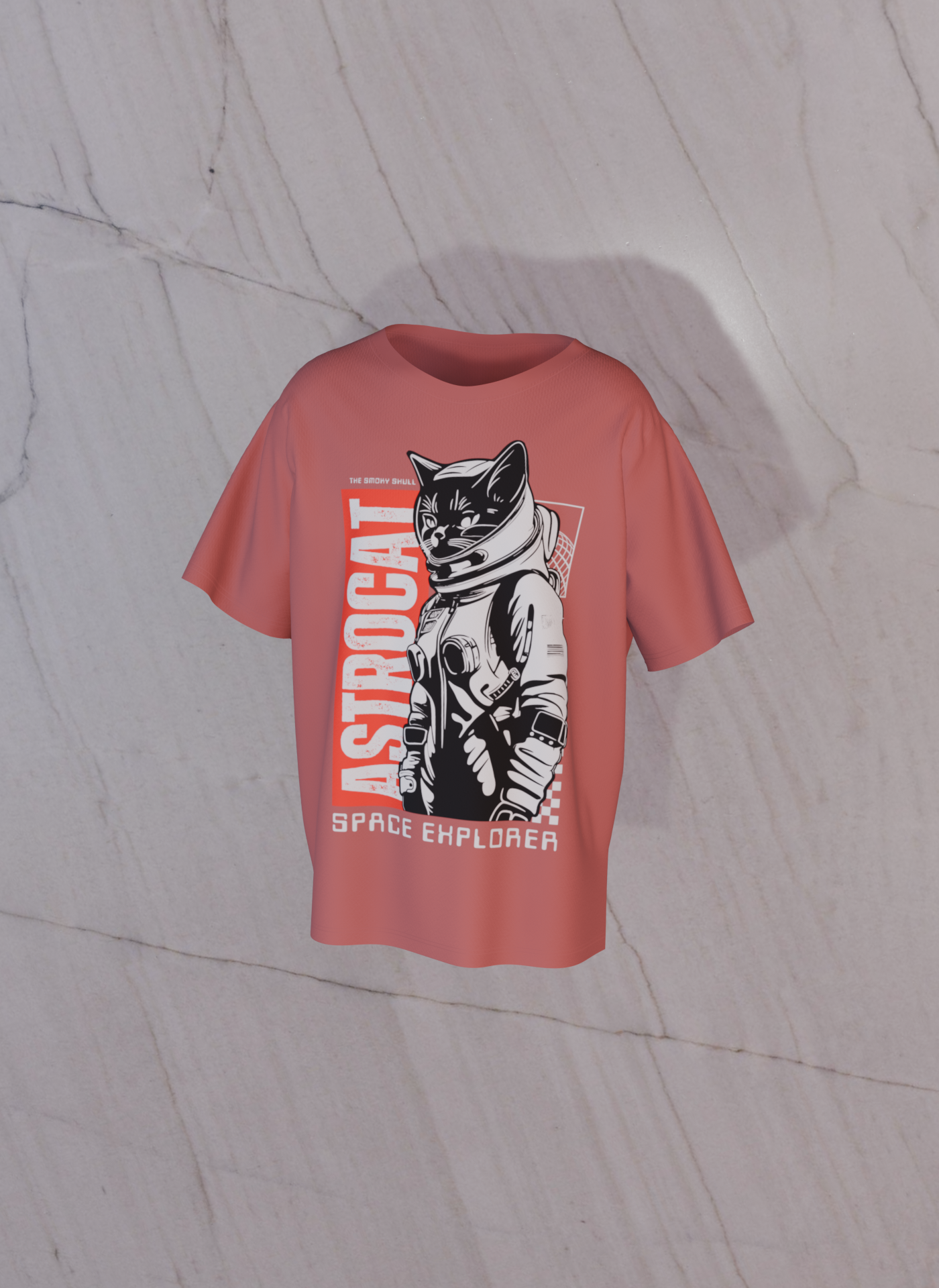 Coral red oversized t-shirt with text 'Astrocat space explorer' graphic print – The Smoky Skull front design