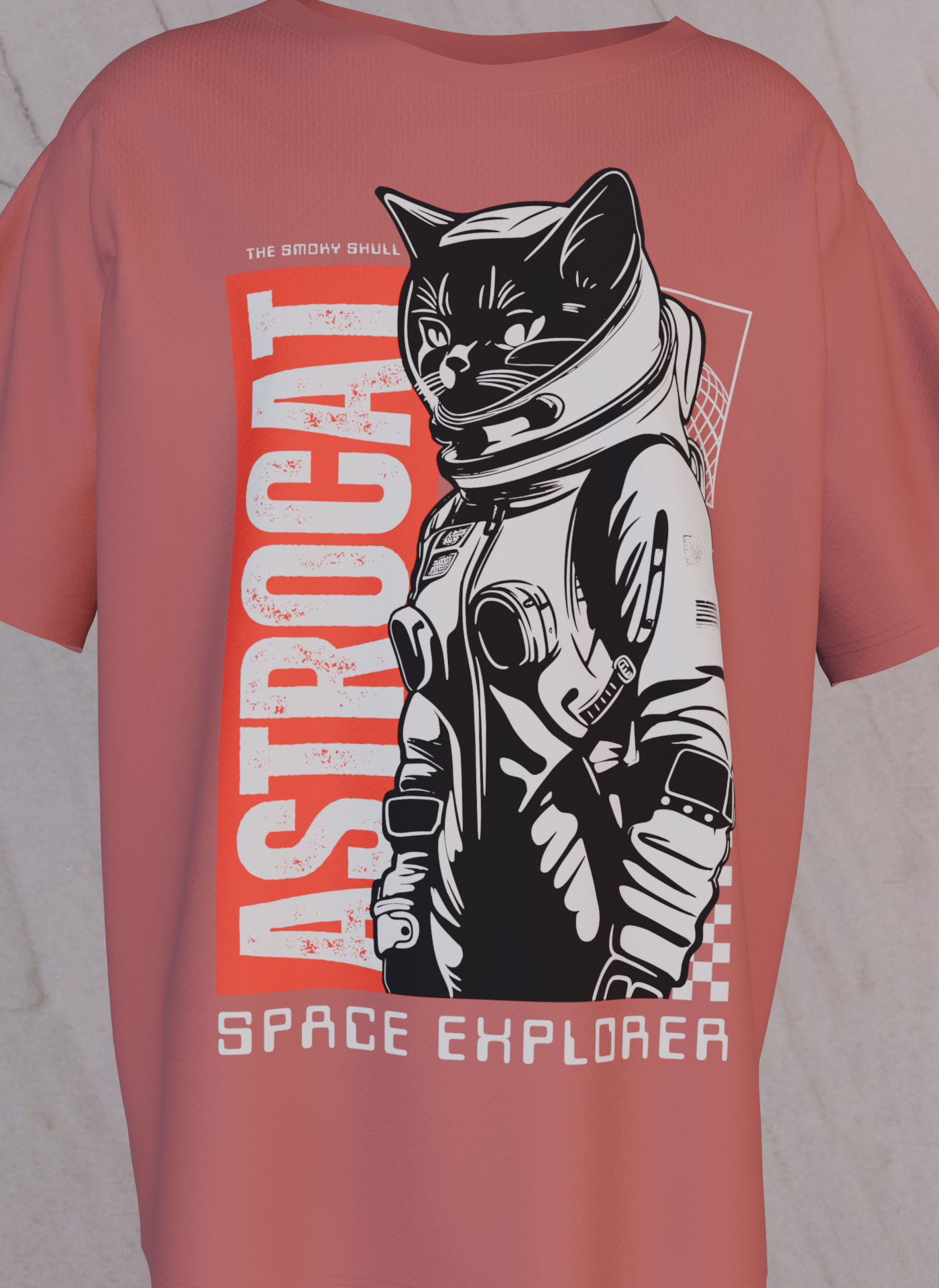 Coral red oversized t-shirt with text 'Astrocat space explorer' graphic print – The Smoky Skull front design