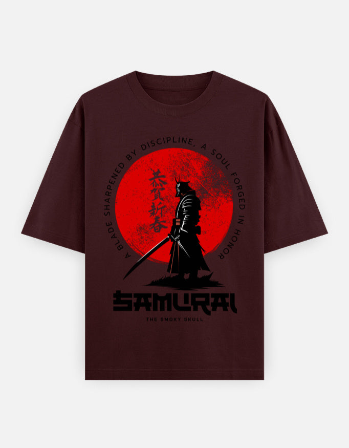 Maroon oversized t-shirt with samurai warrior and red sun graphic print – The Smoky Skull front design front view