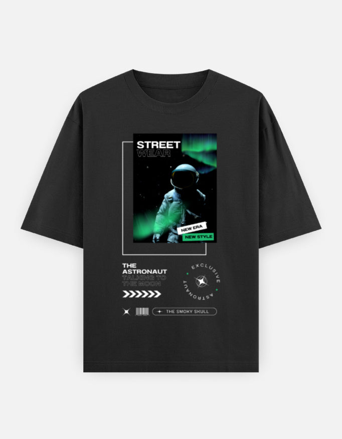 Black oversized t-shirt with astronaut streetwear graphic and text print – The Smoky Skull front design