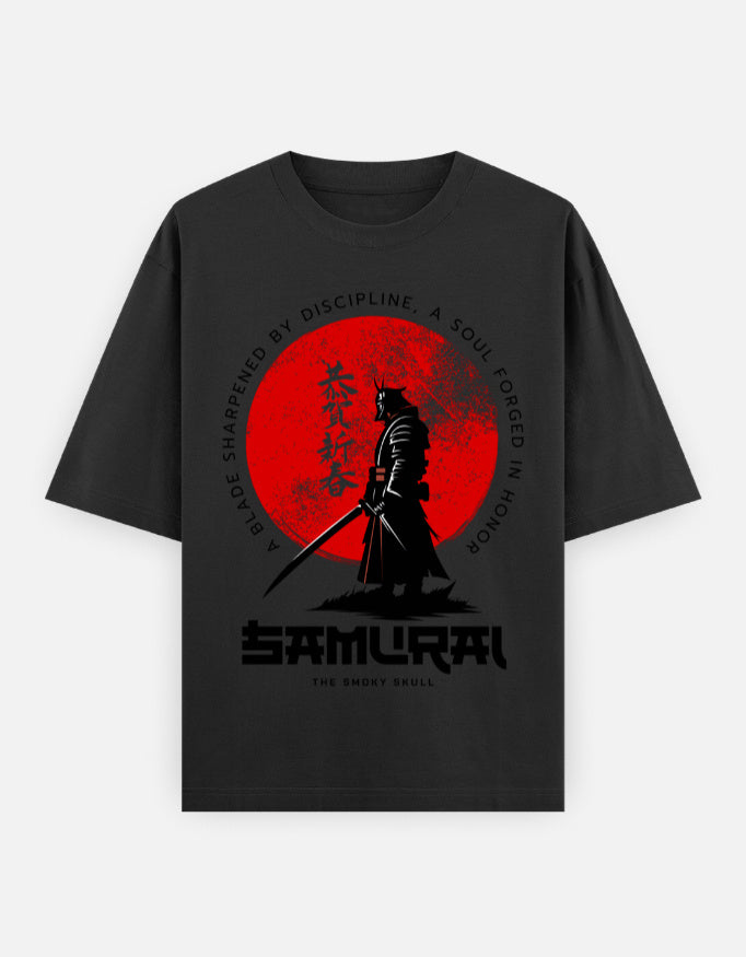 Black oversized t-shirt with samurai warrior and red sun graphic print – The Smoky Skull front design front view