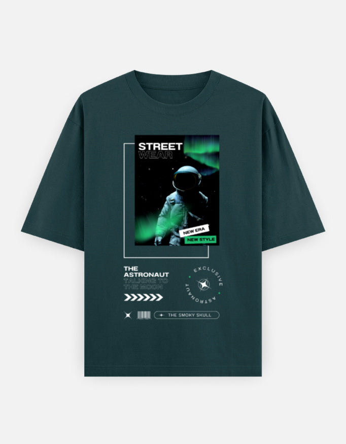 Petrol Blue oversized t-shirt with astronaut streetwear graphic and text print – The Smoky Skull front design