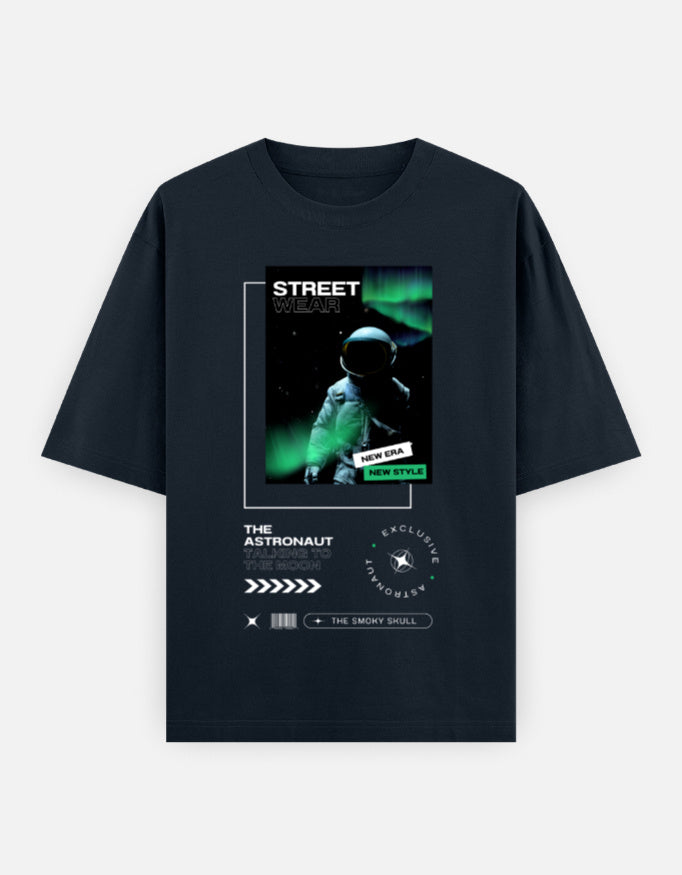 Navy Blue oversized tshirt with astronaut streetwear graphic and text print – The Smoky Skull front design
