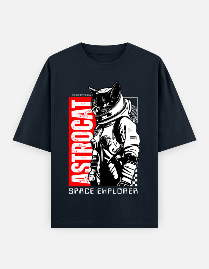 Navy Blue oversized t-shirt with text 'Astrocat space explorer' graphic print – The Smoky Skull front view