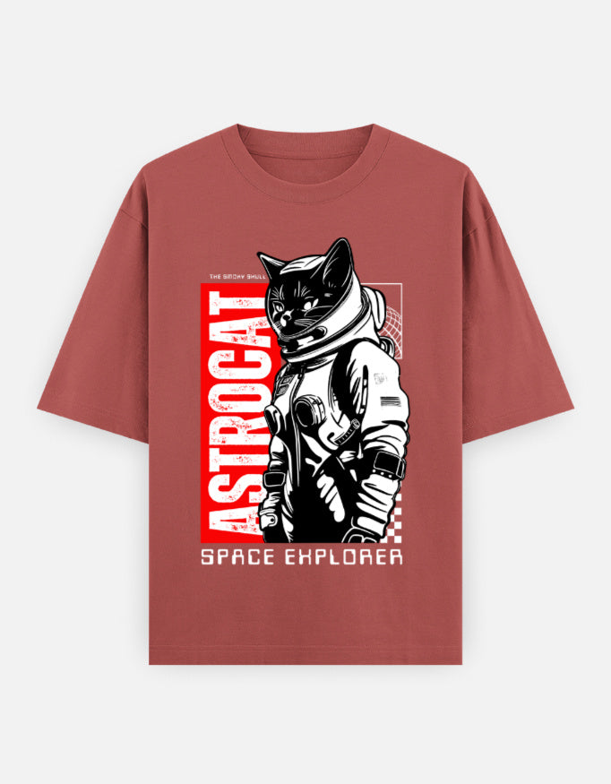 Coral red oversized tshirt with text 'Astrocat space explorer' graphic print – The Smoky Skull front view