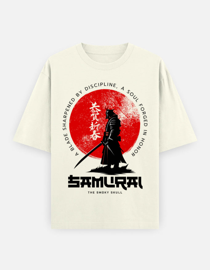 Off White oversized tee with samurai warrior and red sun graphic print – The Smoky Skull front design front view