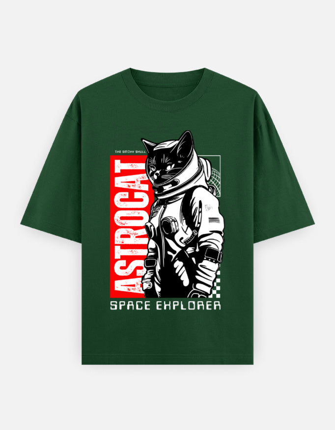 Bottle Green oversized t-shirt with text 'Astrocat space explorer' graphic print – The Smoky Skull front design