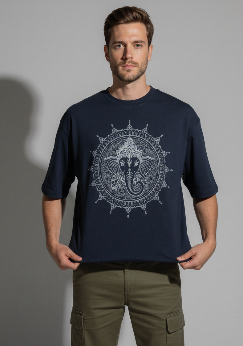 Man wearing oversized Navy Blue t-shirt with Mandala Shree Ganesha white graphic print – Smoky Skull