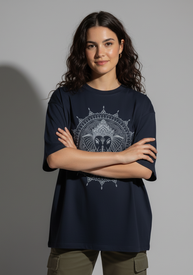 Woman wearing oversized Navy Blue t-shirt with Mandala Shree Ganesha white graphic print – Smoky Skull