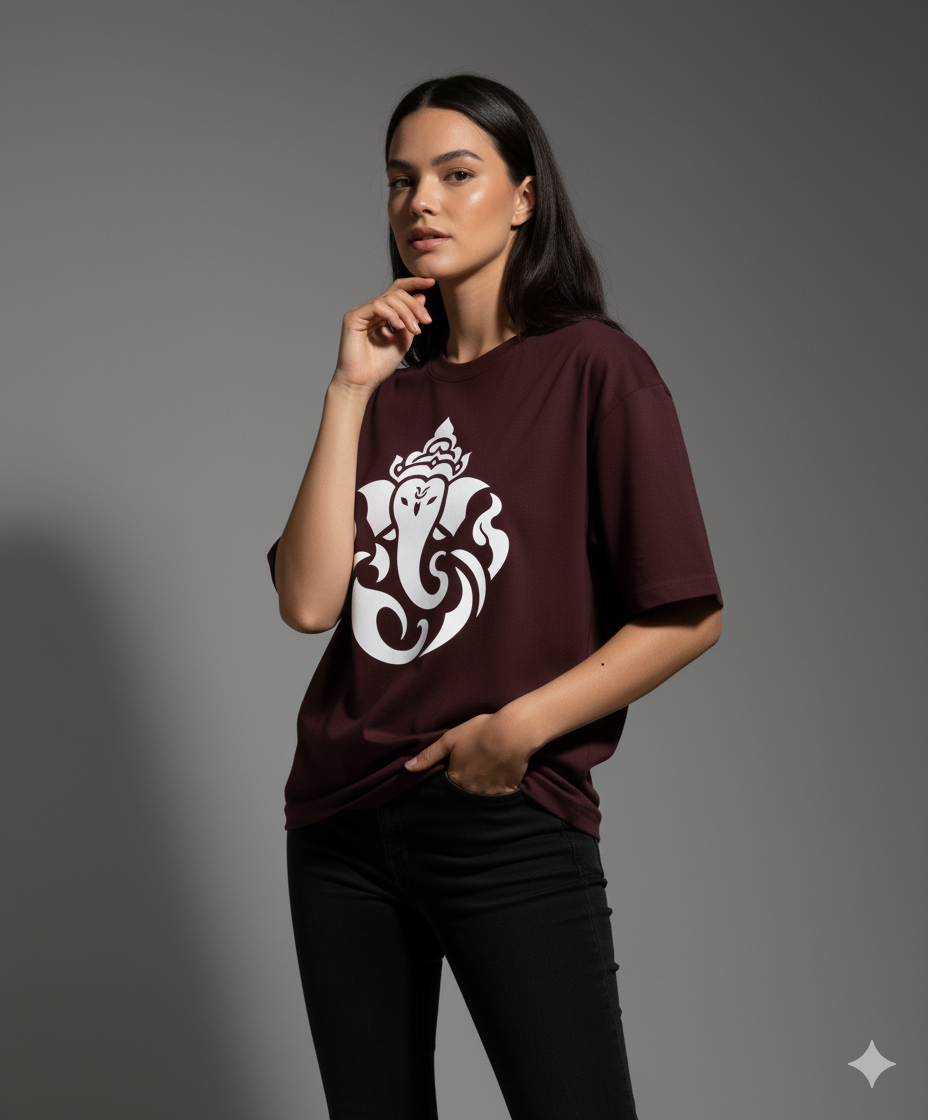 Maroon t-shirt with white Ganesha print worn by a female model in a photoshoot. Smoky Skull