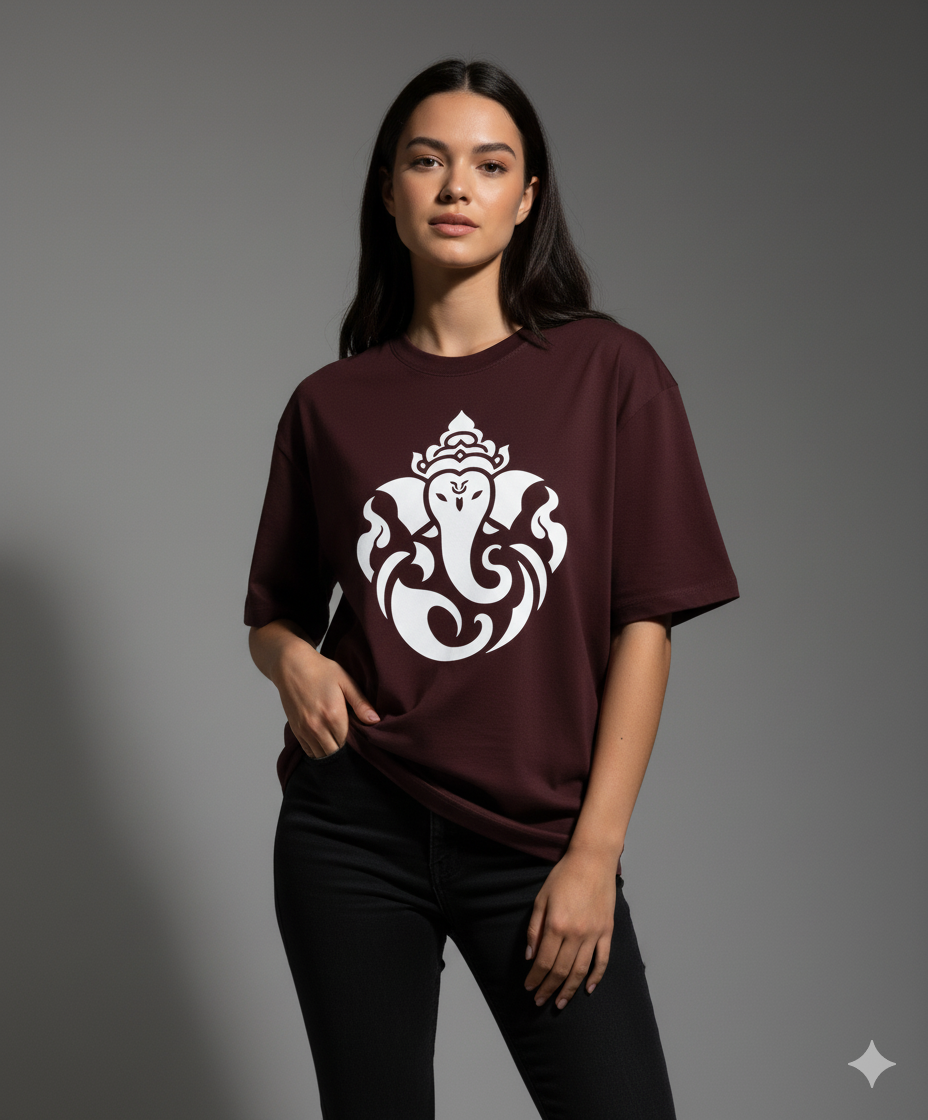 Maroon t-shirt with white Ganesha print worn by a female model in a photoshoot. The Smoky Skull