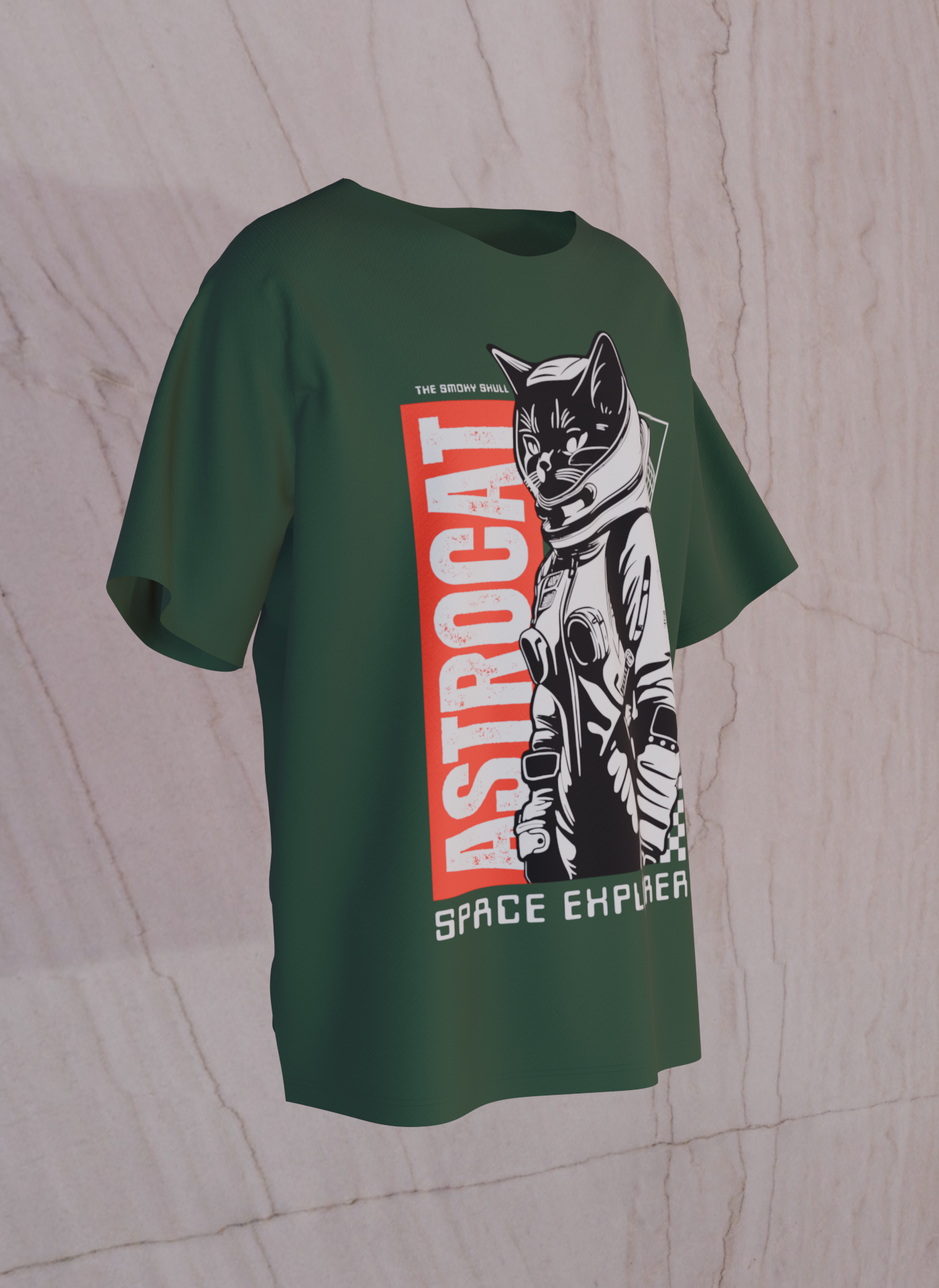 Bottle Green oversized t-shirt with text 'Astrocat space explorer' graphic print – The Smoky Skull front design