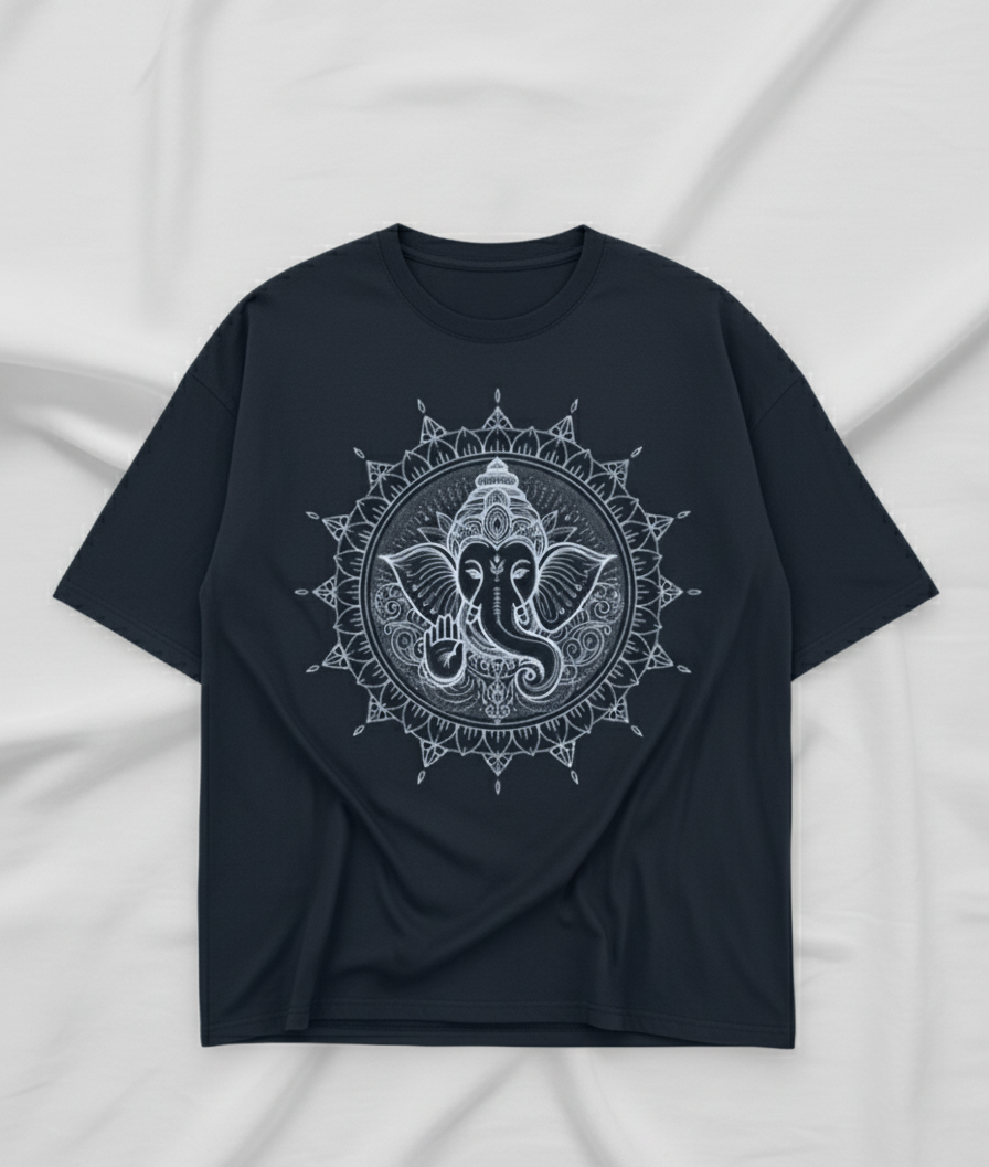 Unisex oversized navy blue t-shirt with white Mandala Shree Ganesha graphic print – The Smoky Skull