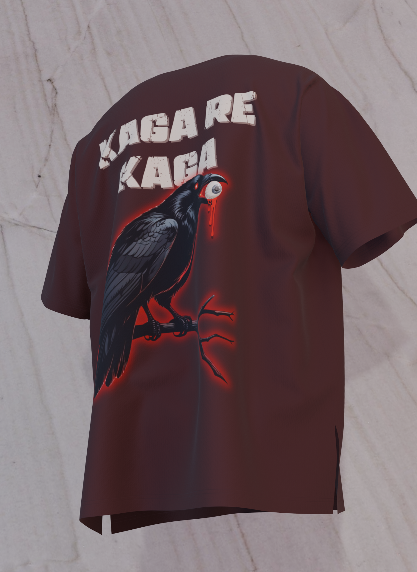 Maroon oversized t-shirt with crow holding eyeball graphic and bold Kaga Re Kaga text – The Smoky Skull back design