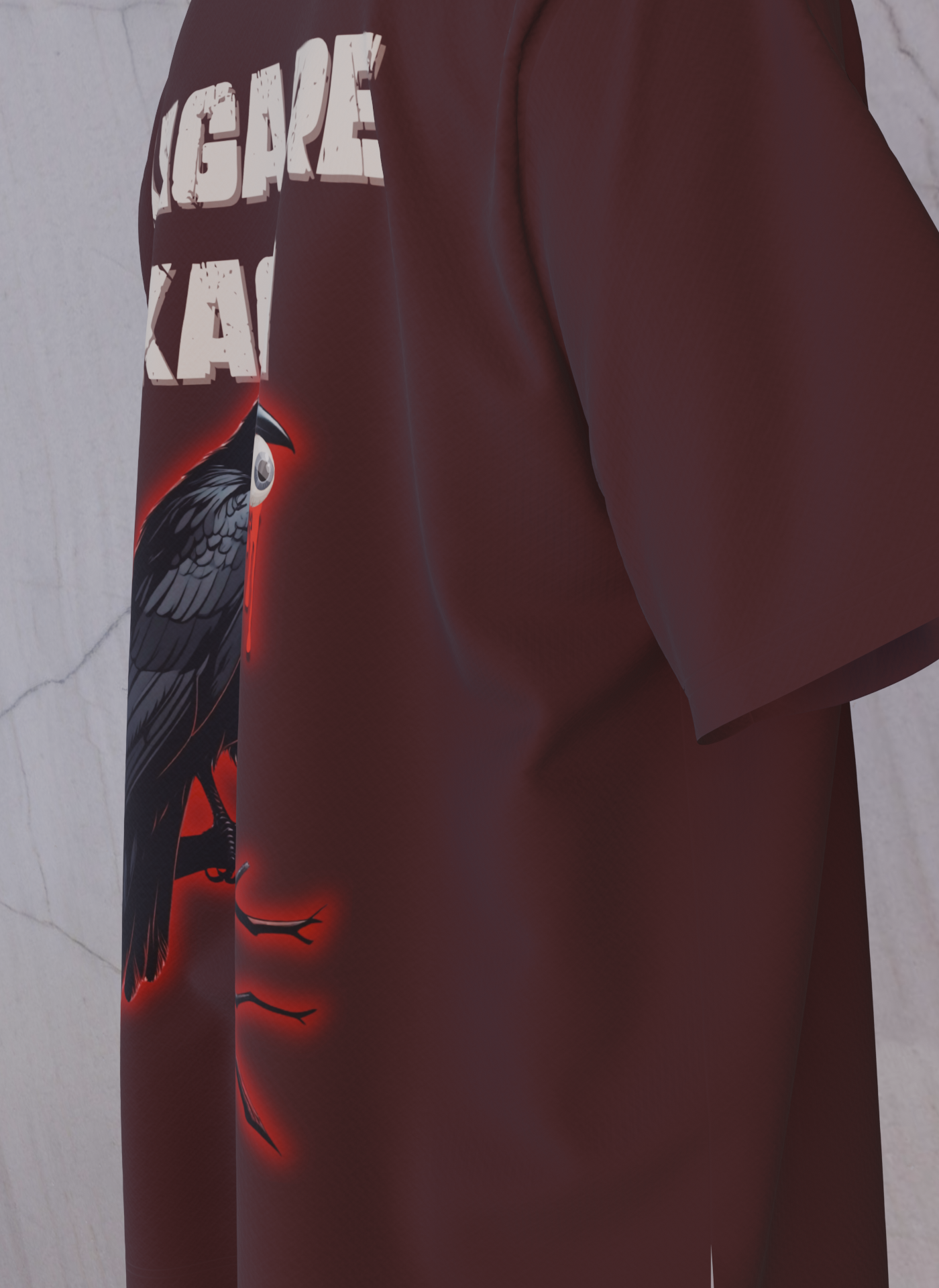 Maroon oversized t-shirt with crow holding eyeball graphic and bold Kaga Re Kaga text – The Smoky Skull side view