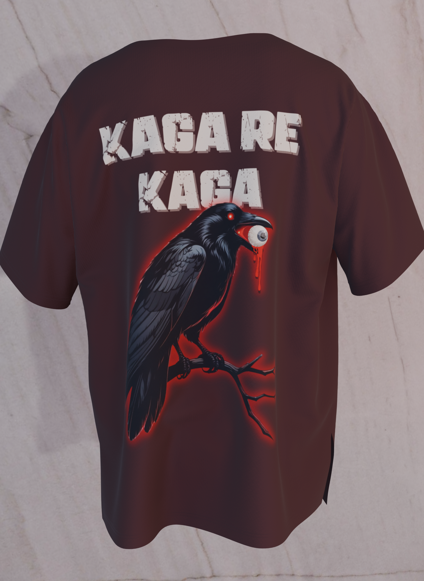 Maroon oversized tshirt with crow holding eyeball graphic and bold Kaga Re Kaga text – The Smoky Skull back design