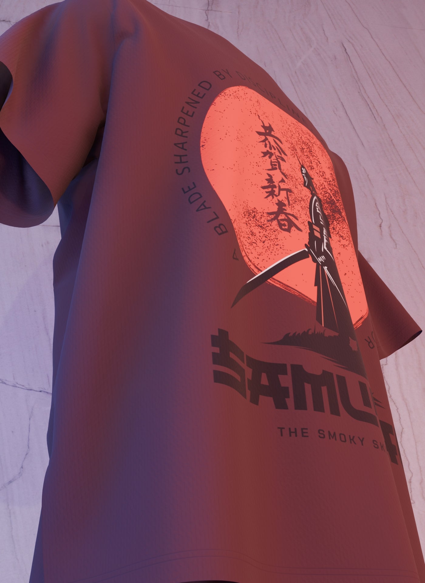 Maroon oversized t-shirt with samurai warrior and red sun graphic print – The Smoky Skull front design side view