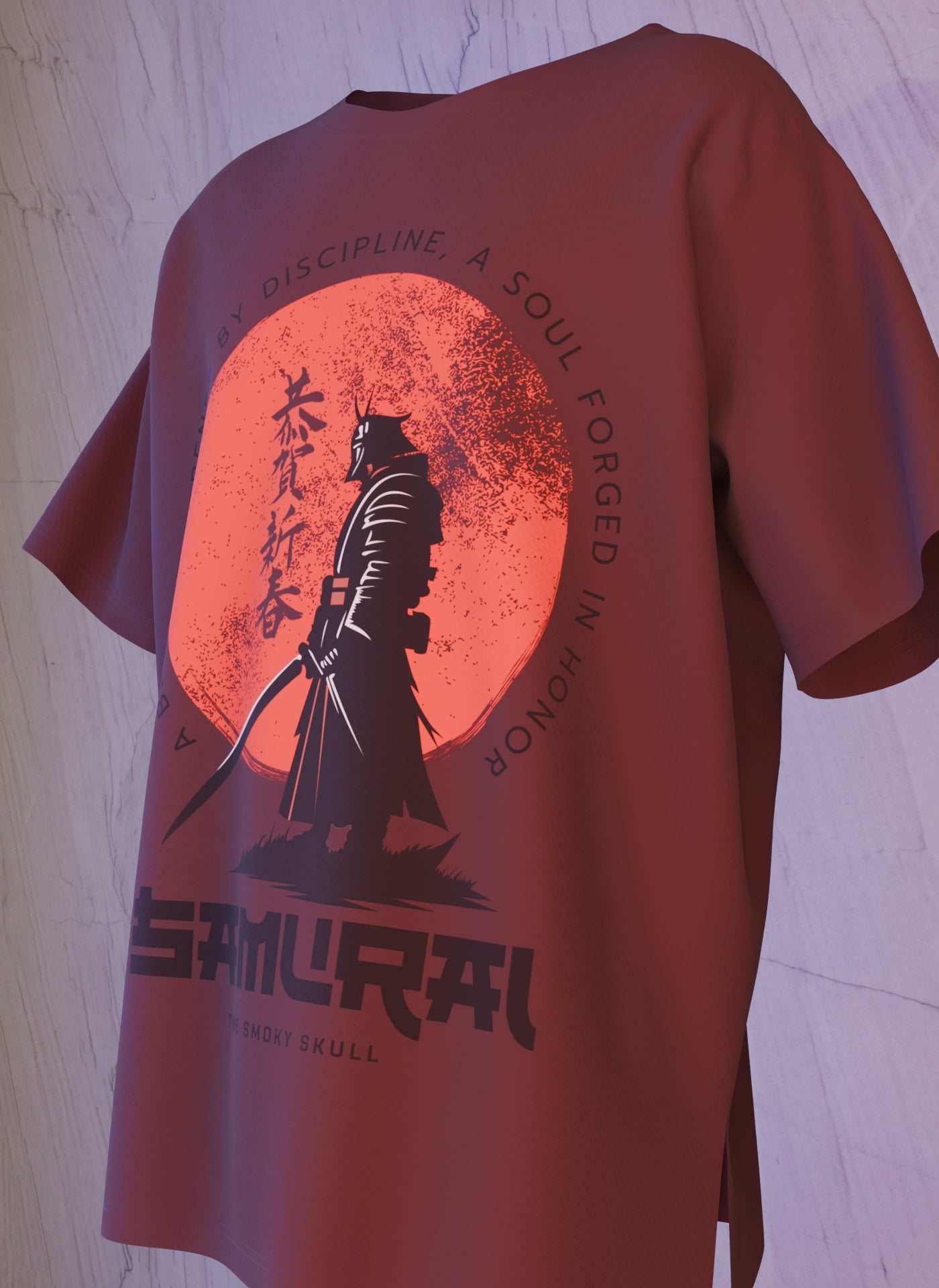 Maroon oversized t-shirt with samurai warrior and red sun graphic print – The Smoky Skull front design side view