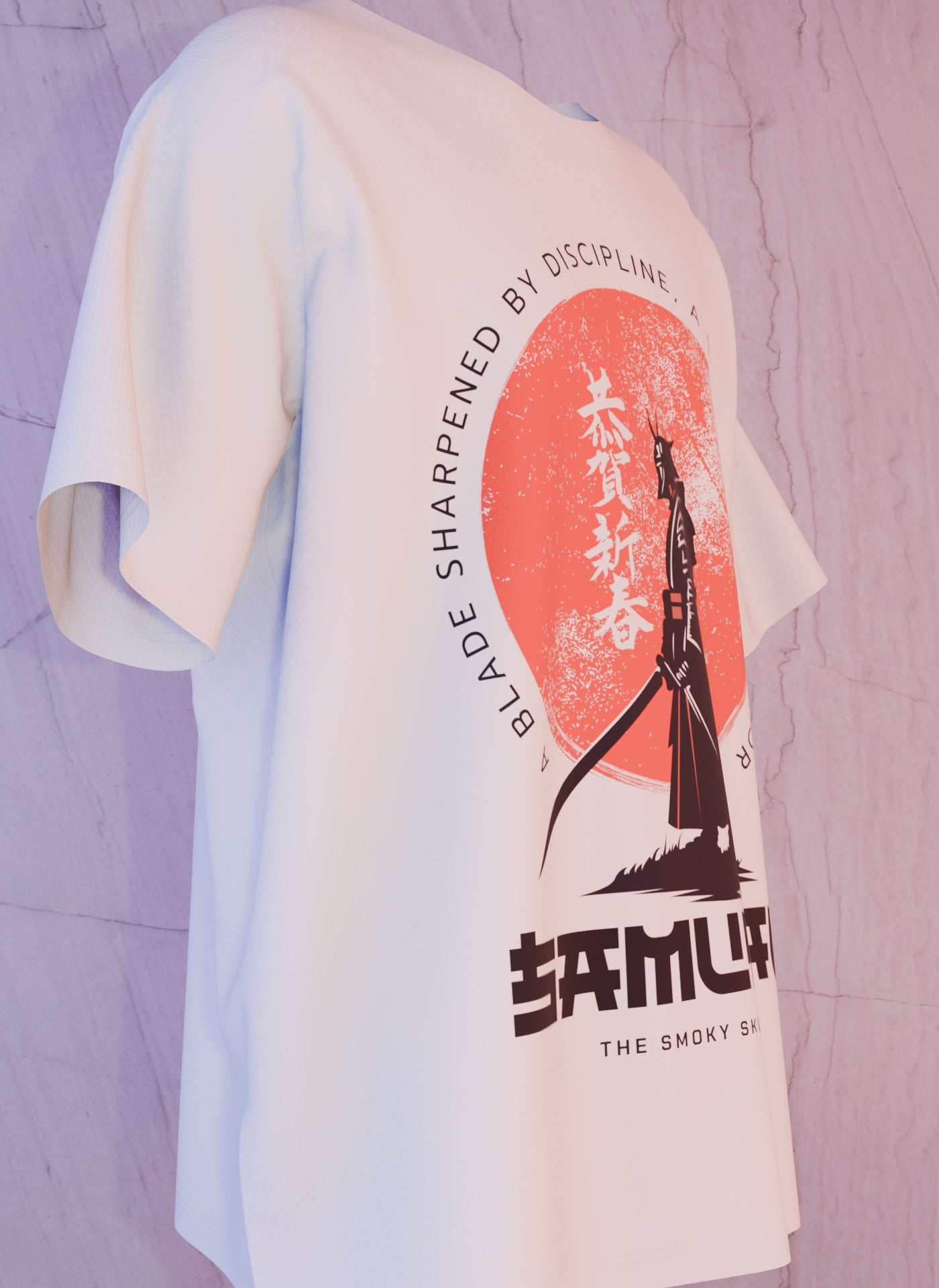 Off White oversized tshirt with samurai warrior and red sun graphic print – The Smoky Skull front design side view