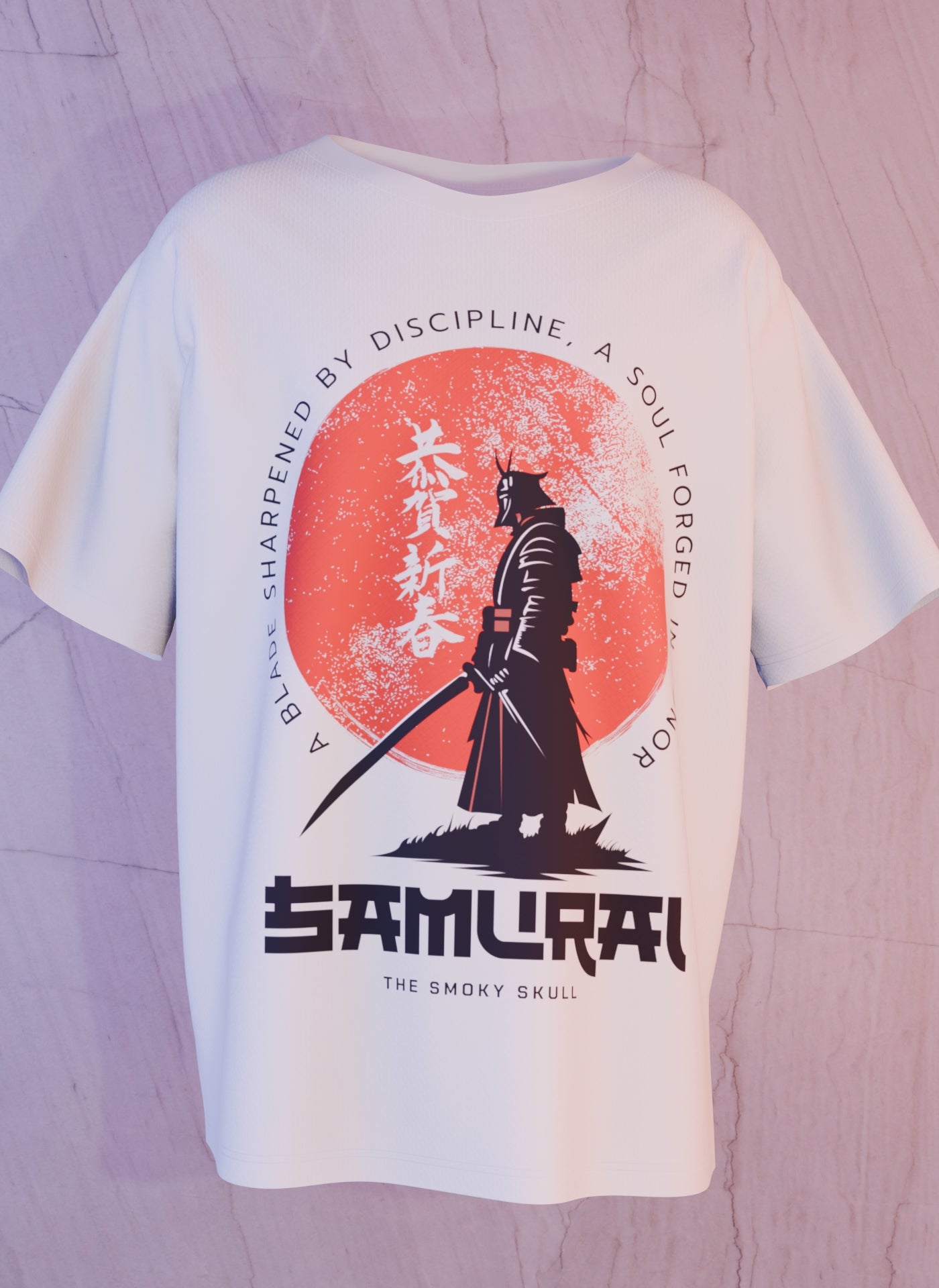 Off White oversized t-shirt with samurai warrior and red sun graphic print – The Smoky Skull front design front view