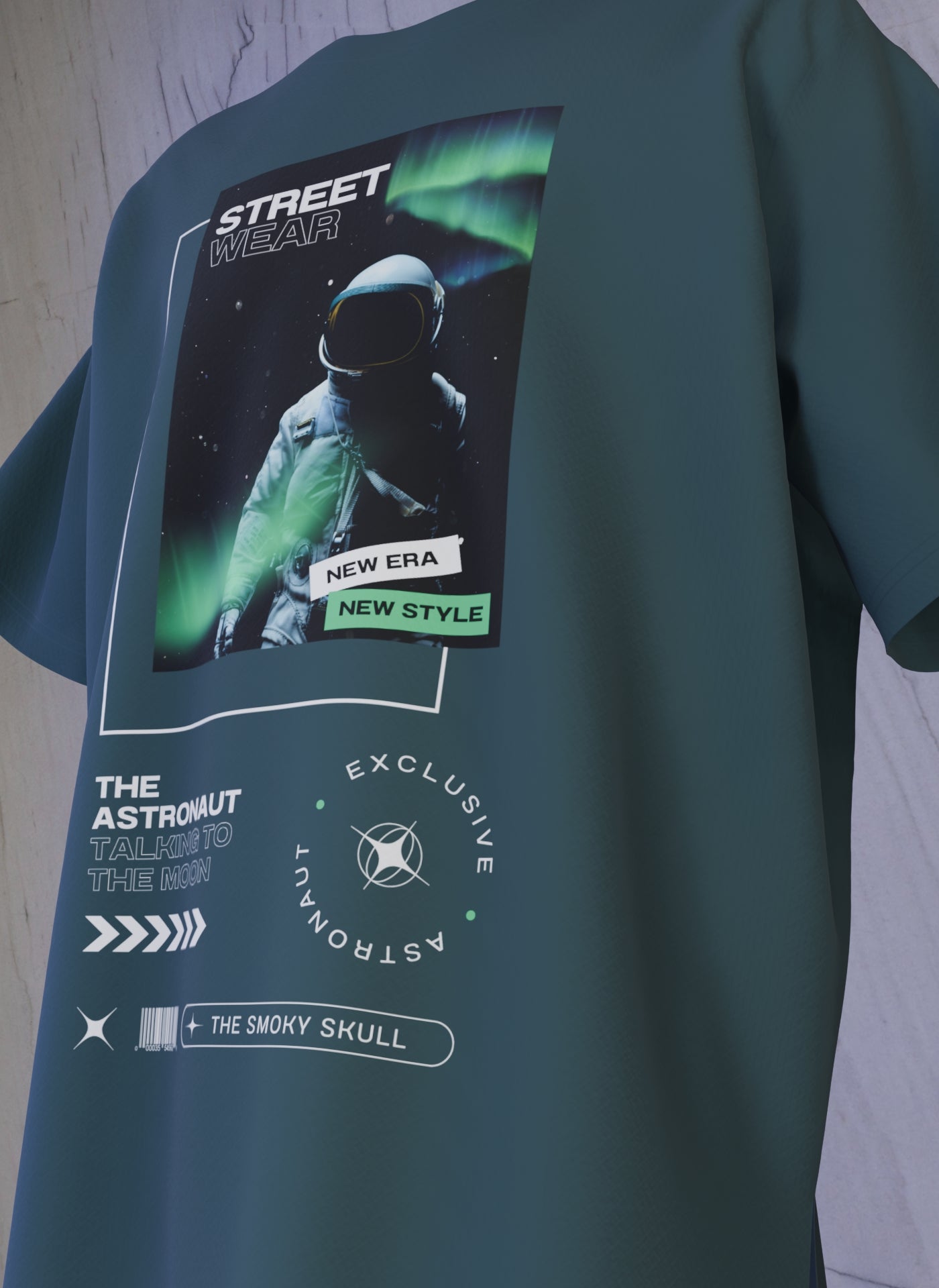 Petrol Blue oversized tshirt with astronaut streetwear graphic and text print – The Smoky Skull front design