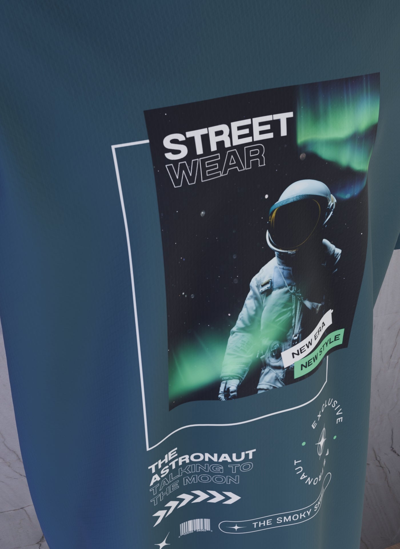 Petrol Blue oversized t-shirt with astronaut streetwear graphic and text print – The Smoky Skull front design