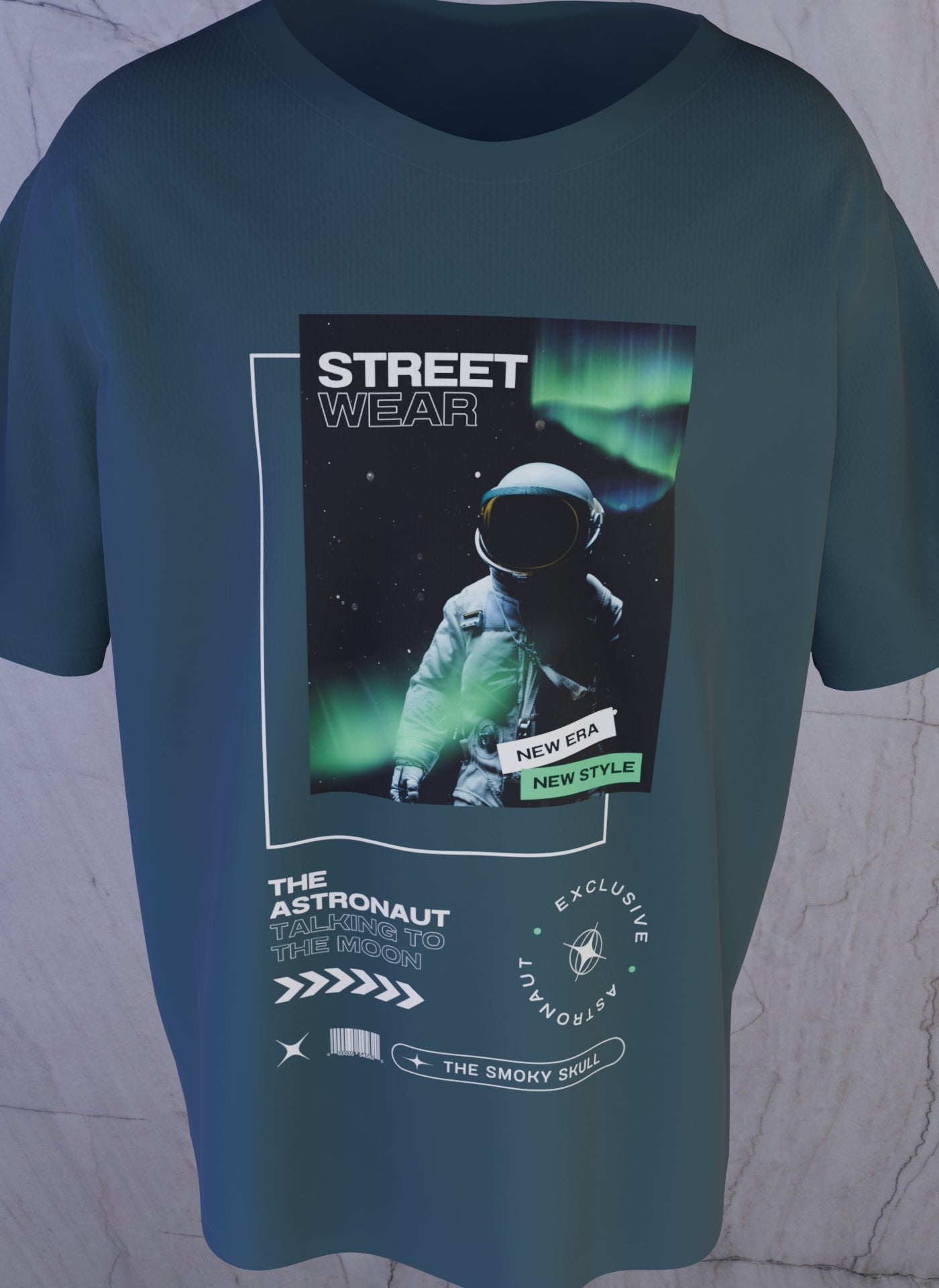 Petrol Blue oversized tee with astronaut streetwear graphic and text print – The Smoky Skull front view