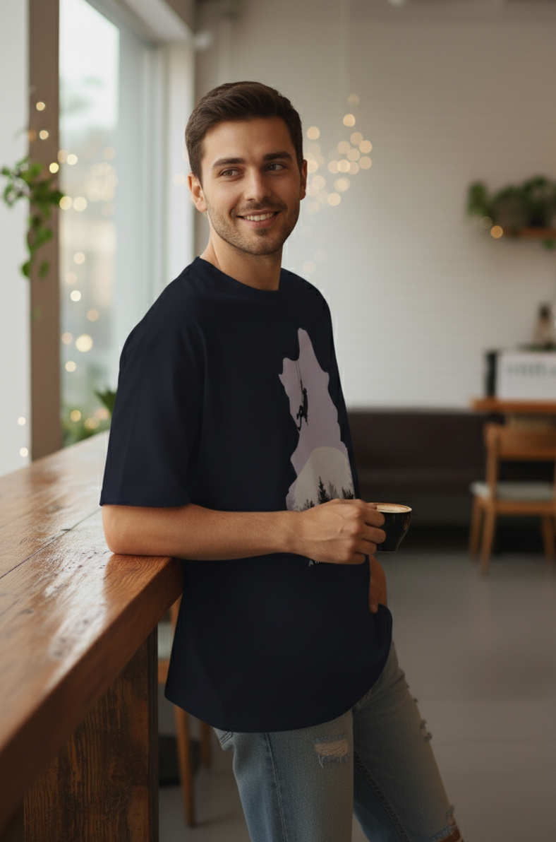 man wearing Navy Blue oversized t-shirt with mountain climber silhouette and forest graphic – And Still I Rise print by The Smoky Skull Side