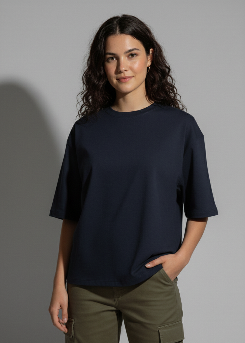 Woman wearing Navy Blue Oversized Tshirt front pose Smoky Skull