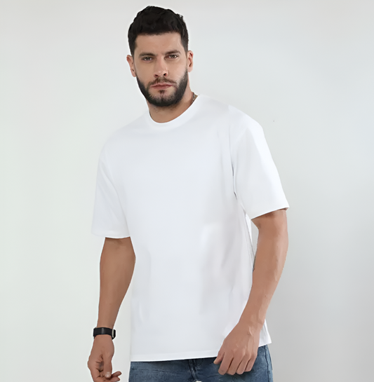 Front view of man wearing plain white oversized t-shirt – The Smoky Skull
