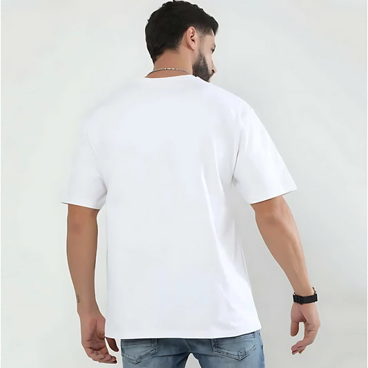 Man wearing a plain white oversized t-shirt - The Smoky Skull Back view