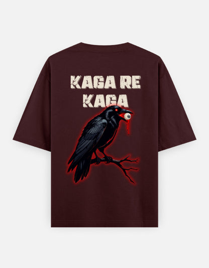 Maroon oversized tee with crow holding eyeball graphic and bold Kaga Re Kaga text – The Smoky Skull back design