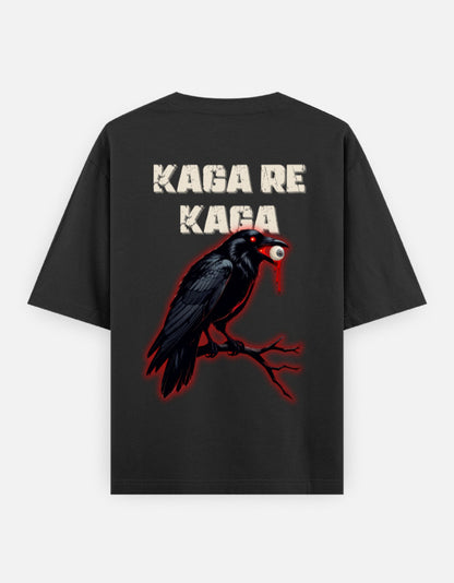 Black oversized t-shirt with crow holding eyeball graphic and bold Kaga Re Kaga text – The Smoky Skull back design