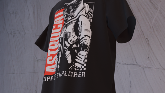 Black oversized t-shirt with text 'Astrocat space explorer' graphic print – The Smoky Skull front design