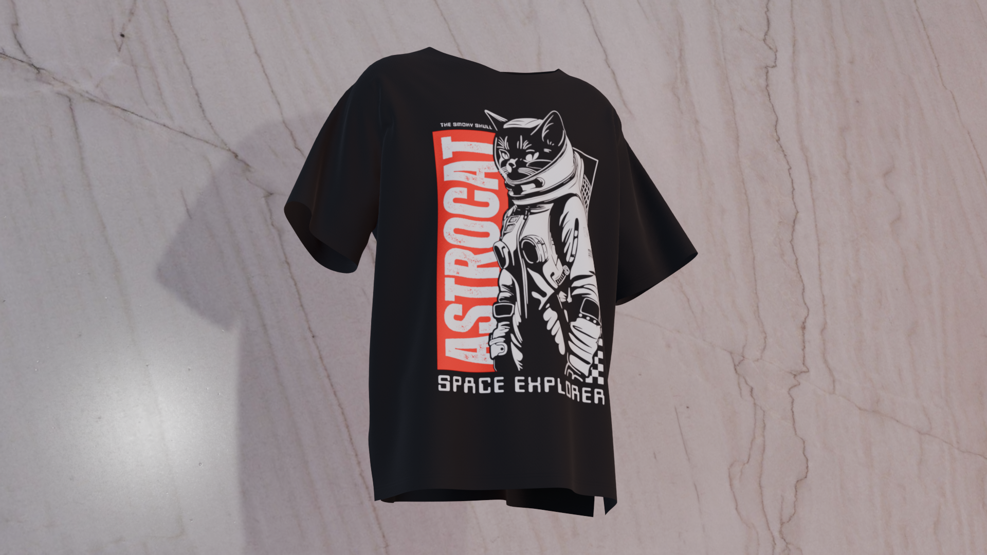 Black oversized t-shirt with text 'Astrocat space explorer' graphic print – The Smoky Skull front design