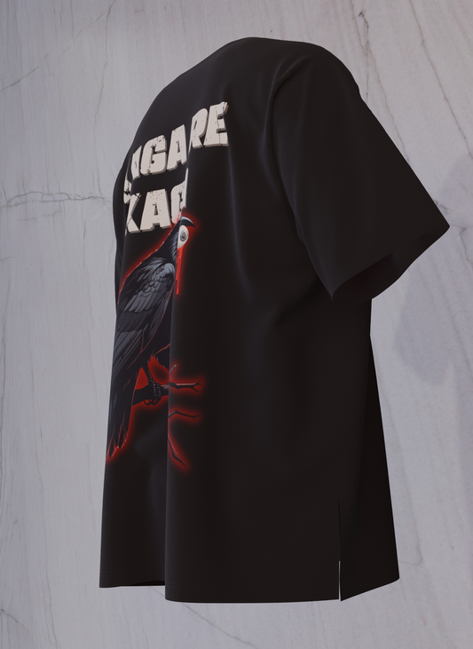 Black oversized t-shirt with crow holding eyeball graphic and bold Kaga Re Kaga text – The Smoky Skull back design