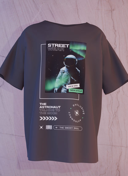 Black oversized t-shirt with astronaut streetwear graphic and text print – The Smoky Skull front design