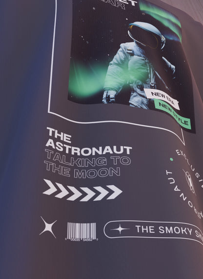 Black oversized tshirt with astronaut streetwear graphic and text print – The Smoky Skull front design