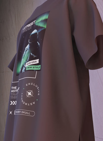 Black oversized t-shirt with astronaut streetwear graphic and text print – The Smoky Skull side view